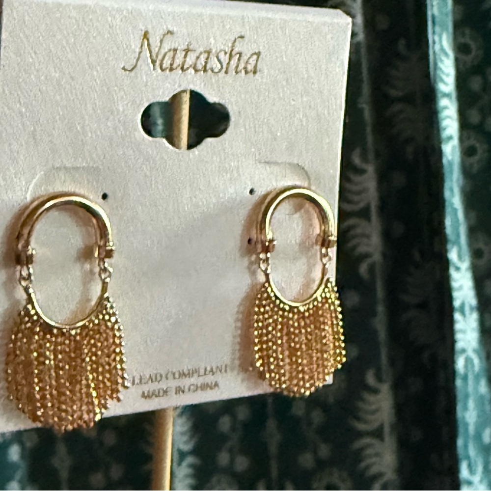 Geometric Hoop Semi Circle Fringe Fan Gold Statement Earrings by Natasha NWT - Picture 5 of 5
